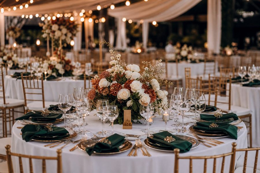 Wedding reception tables set with white linen, green napkins and floral centrepieces