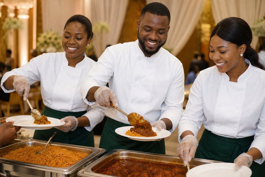 Bidex Catering Services team in white chef jackets serving guests at an event buffet