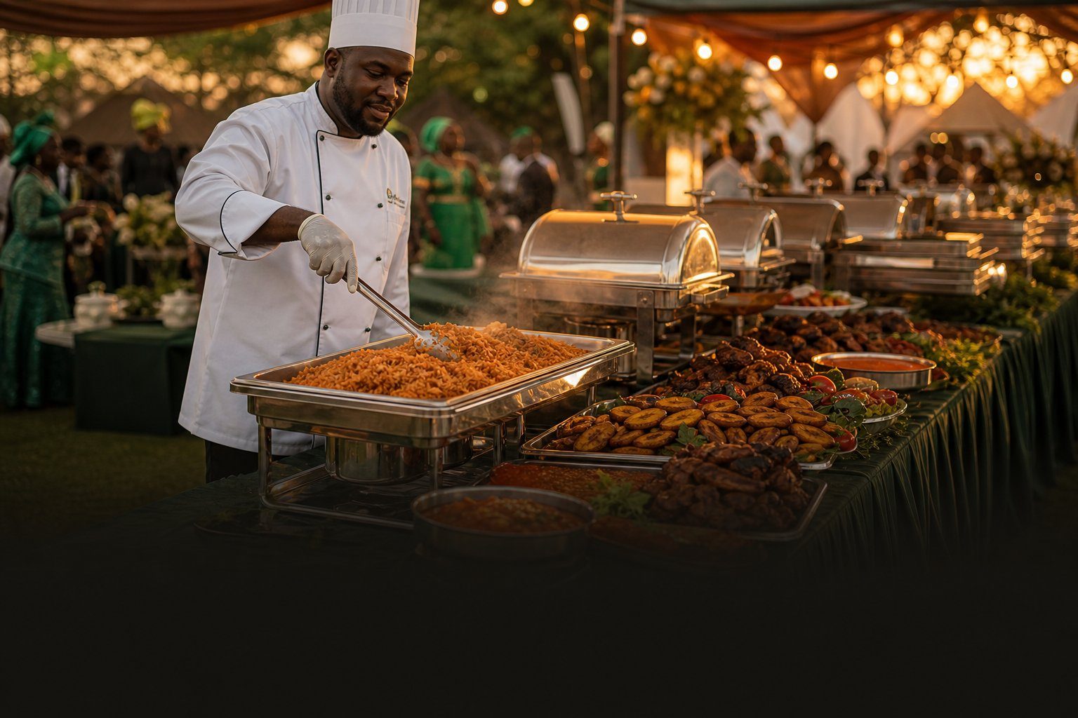 Bidex Catering Services chef serving party jollof rice at an outdoor wedding buffet at golden hour